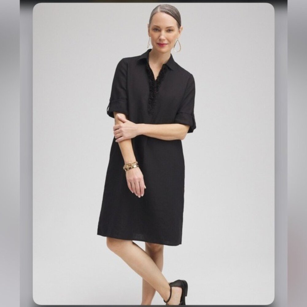 Chico's Black Linen 3D Floral Shift Dress Size Medium/8